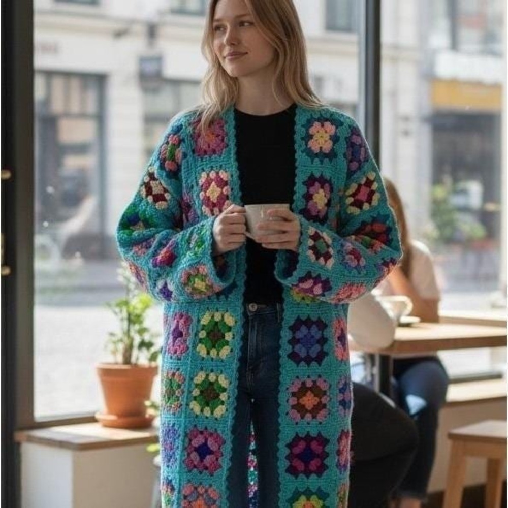 Granny Square Cardigan Womens S Turquoise Hand Knit Boho Festival Wool Blend
